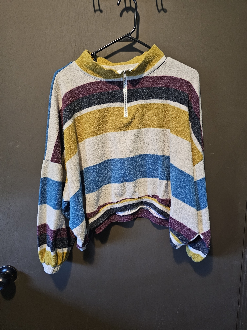 BKE Striped Half-Zip Sweater in Cream, Mustard, Blue & Plum